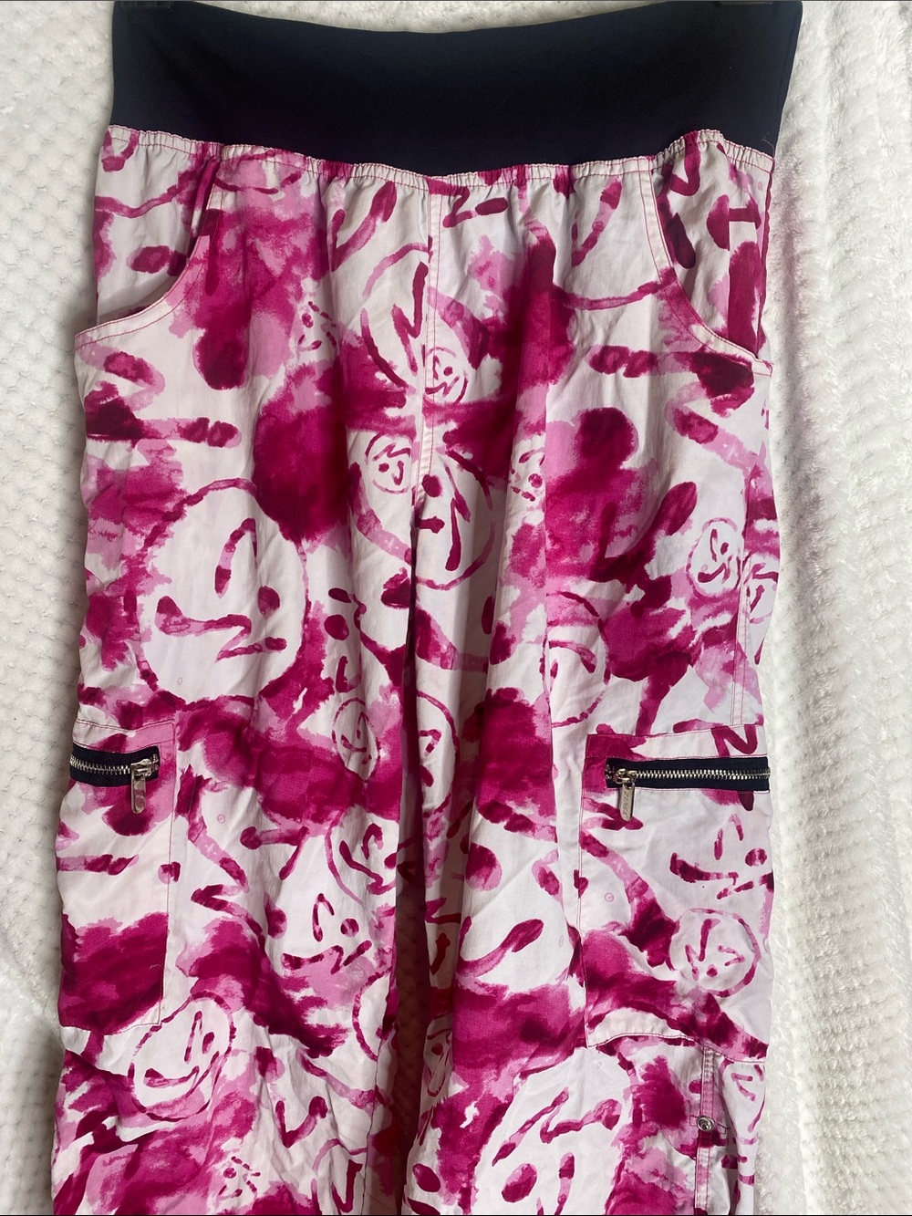 Pink Watercolor Print Zumba Pants with Black Waistband